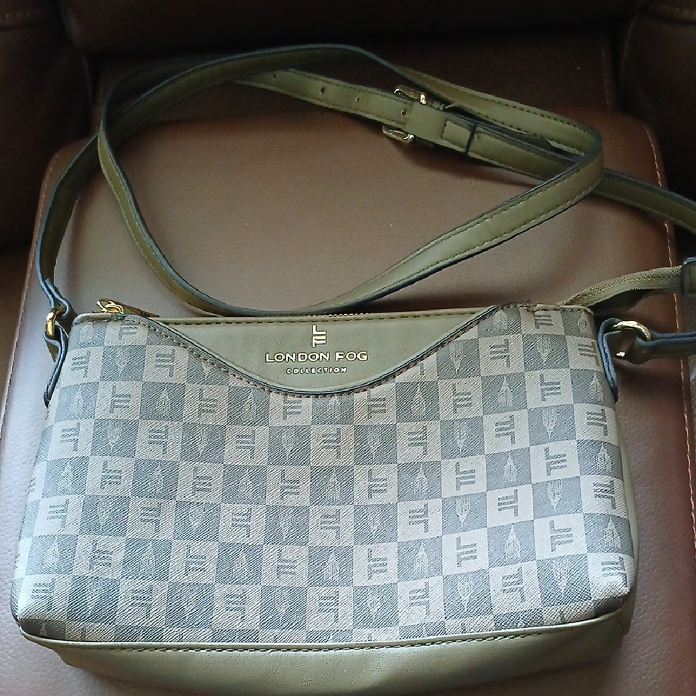 London Fog Checkered Gray and Olive Crossbody Bag